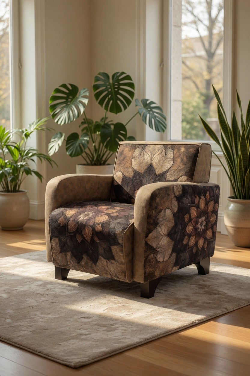 Poltrona KV_002_MANDALA aplicada em composição de recepção ou lounge premium
