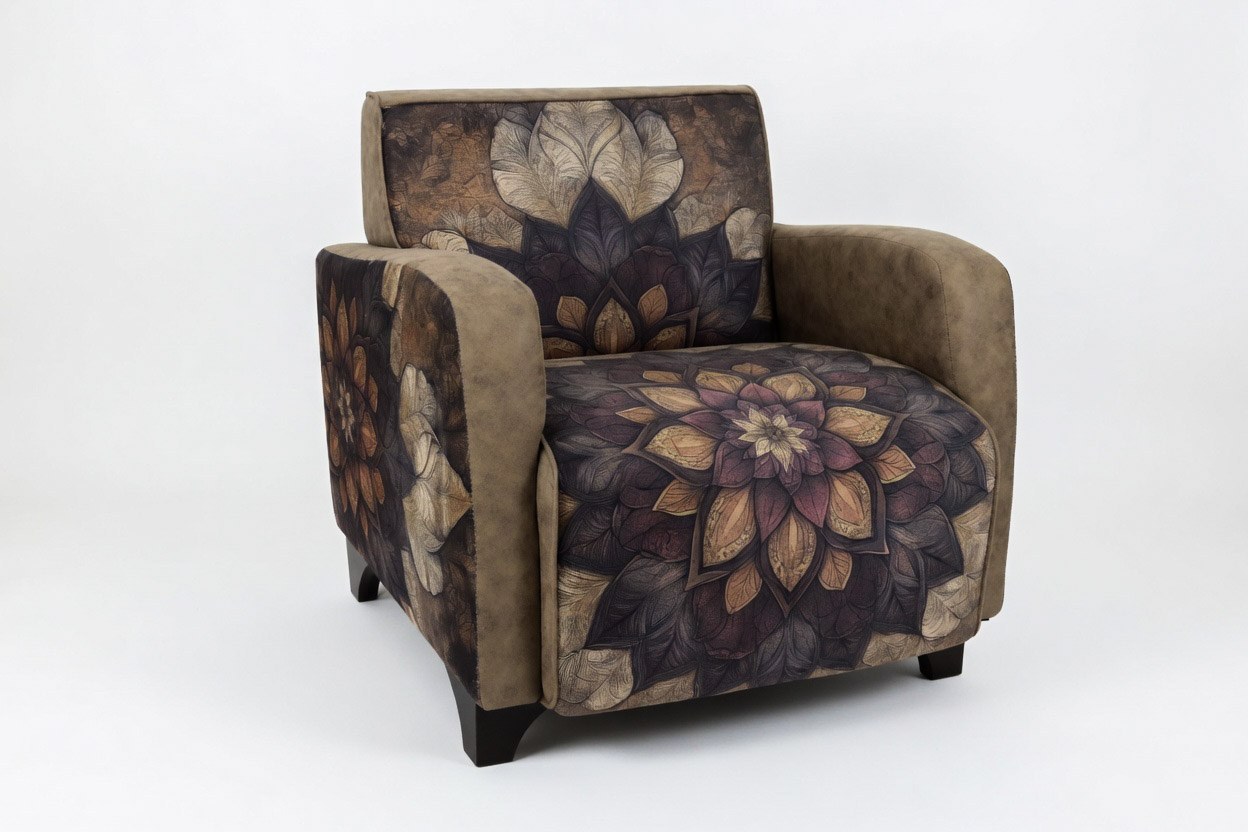 Poltrona KV_002_MANDALA apresentada como ponto focal para home office autoral
